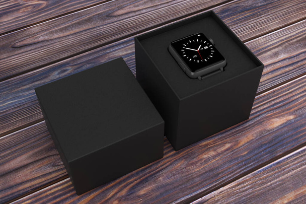 Чорний сучасний розумний годинник макет і ремінь з чорною подарунковою коробкою на дерев'яному столі. 3D рендерингу
 - Фото, зображення