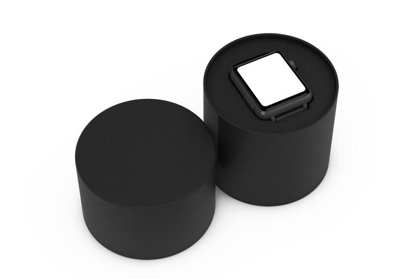 Black Modern Smart Watch Mockup e Strap com caixa de presente preta em um fundo branco. Renderização 3d - Foto, Imagem
