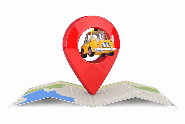 Yellow Cartoon Taxi Car z czerwoną mapą Pointer Target Pin nad Streszczenie Mapa na białym tle. 3d Renderowanie - Zdjęcie, obraz