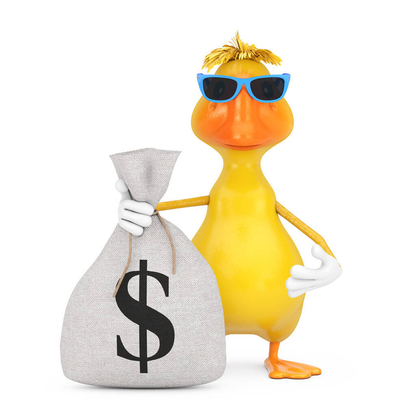 Cute Yellow Cartoon Duck Person Character Mascot with Tied Rustic Canvas Linen Money Sack or Money Bag with Dollar Sign on a white background. 3d Rendering - Photo, Image