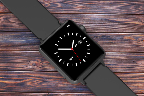 Black Modern Smart Watch Mockup com cinta em uma mesa de madeira. Renderização 3d - Foto, Imagem