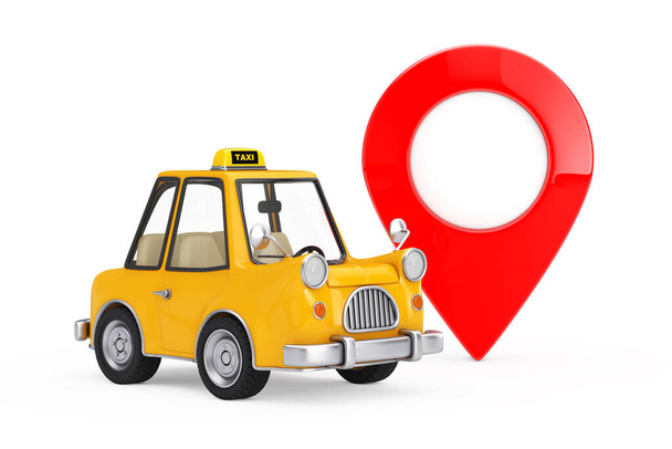 Carro de táxi dos desenhos animados amarelo com o ponteiro vermelho do mapa Alvo em um fundo branco. Renderização 3d - Foto, Imagem