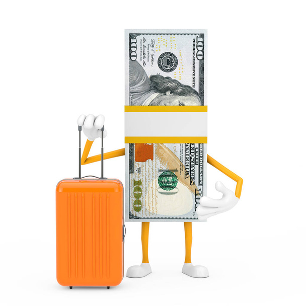 Stack of One Hundred Dollar Bills Person Character Mascot with Orange Travel Suitcase on a white background. 3d Rendering - Foto, afbeelding