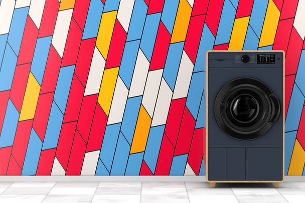 Abstract Modern Fashion Elegant Wooden Washing Machine na frente do abstrato colorido Geomerical Blocking Shapes Wall close-up extremo. Renderização 3d - Foto, Imagem