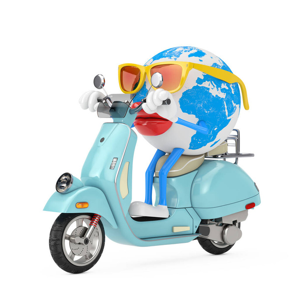 Fun Cartoon Fashion Hipster Cut Earth Globe Person Charakter Maskottchen Reiten klassische Vintage Retro oder Elektroroller auf weißem Hintergrund. 3D-Darstellung - Foto, Bild