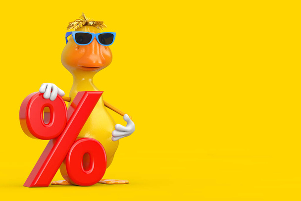 Cute Yellow Cartoon Duck Persona Personaje Mascota con Red Retail Porcentaje Venta o descuento Inicia sesión en un fondo amarillo. Renderizado 3d - Foto, imagen