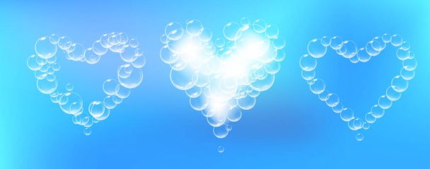 Set of soap foam pieces shaped as heart. Vector realistic soap suds. Valentine day symbol. Blue background. - Vektori, kuva