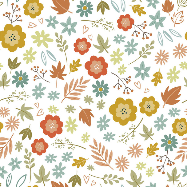 Lovely hand drawn Thanksgiving seamless pattern with flowers and autumn leaves, cute doodle background, great for textiles, wrappers, banners, wallpapers -vector design - Wektor, obraz