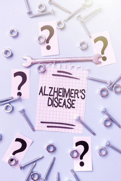 A exposição conceitual Alzheimer S é doença. Conceito que significa deterioração mental avançada que ocorre na velhice Novas ideias Brainstoming para manutenção Planejamento Reparação Soluções - Foto, Imagem