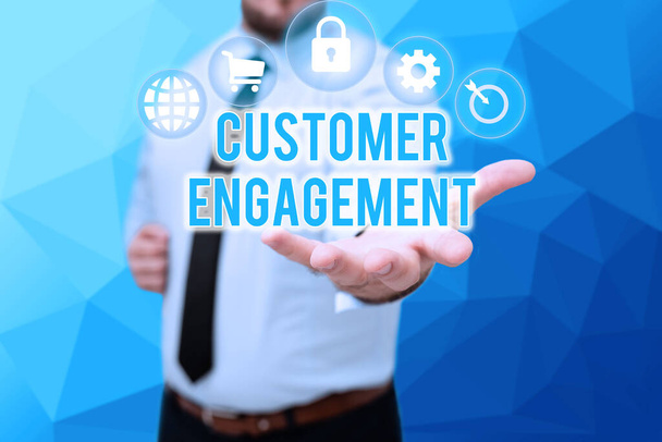 Conceptual caption Customer Engagement. Business overview the emotional connection between a customer and a brand Gentelman Uniform Standing Holding New Futuristic Technologies. - Photo, Image