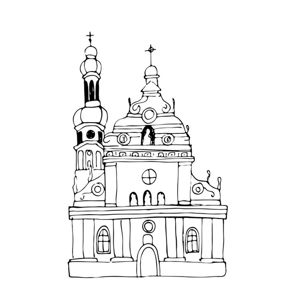 Bernadine-Kloster und Kirche in Lviv, Ukraine. Weltarchitekturdenkmal isoliert auf weißem Hintergrund. Handgezeichnete Vektoraktionsvektorskizze. - Vektor, Bild