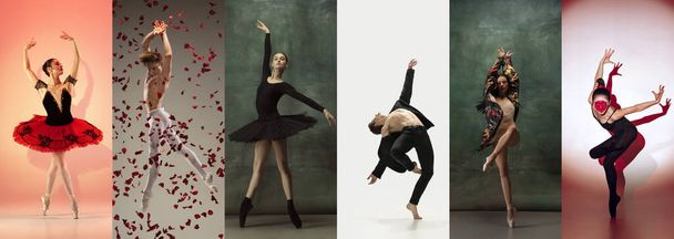 Collage of portraits of male and female ballet dancers dancing isolated on dark vintage background. Concept of art, theater, beauty and creativity - Photo, Image