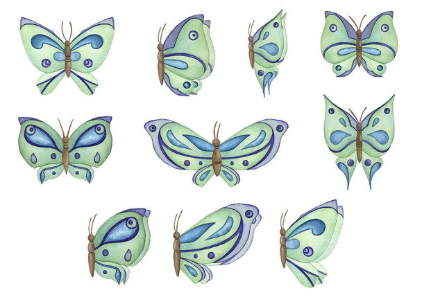 Aquarel Blauw Groen Vlinders geïsoleerd op een witte achtergrond. - Foto, afbeelding