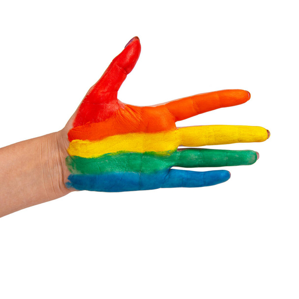 Regenbogenfarbe Hand lgbt Symbol isoliert auf dem weißen Hintergrund - Foto, Bild