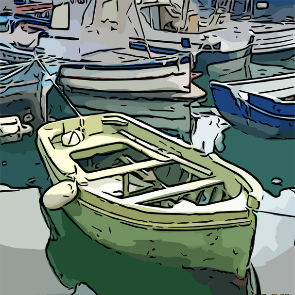 Denizde küçük bir balıkçı teknesi, karikatür, ana hatlar - Vektör, Görsel