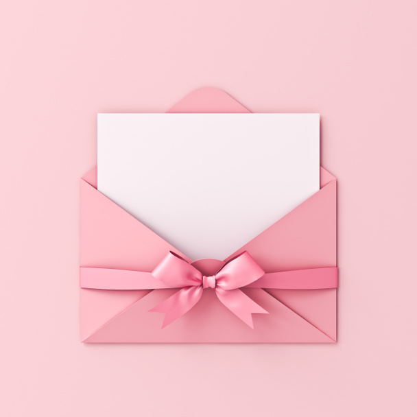 Κενό χαρτί σημείωμα σε ροζ φάκελο με ροζ κορδέλα τόξο απομονωμένο σε ροζ παστέλ χρώμα φόντο με σκιά δωροεπιταγή κάρτα ελάχιστη εννοιολογική 3D απόδοση - Φωτογραφία, εικόνα