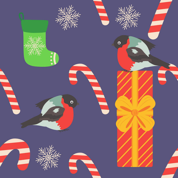 Christmas seamless pattern with candy cane, gift, stocking, bullfinch bird. Christmas wrapping paper - Vektor, obrázek