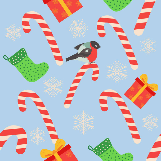 Christmas seamless pattern with candy cane, gift, stocking, bullfinch bird. Christmas wrapping paper. - Vektor, obrázek