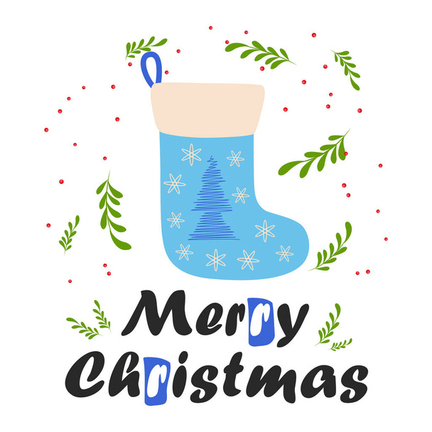 Greeting card for winter holidays with blue Christmas stocking. typography poster. Xmas design. - Vector, Image