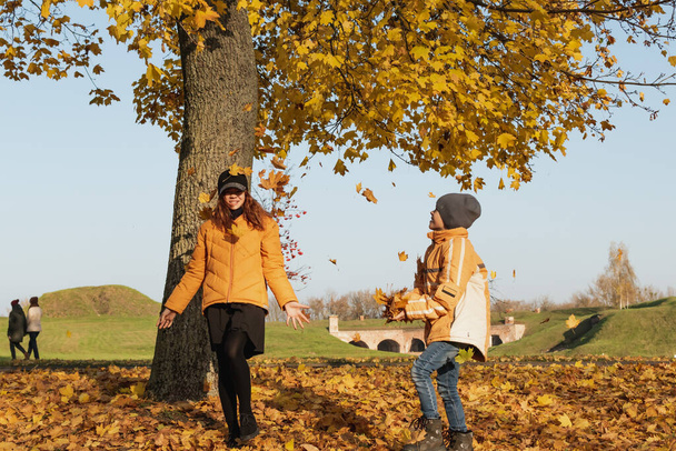 A young girl and her younger brother play in a sunny autumn park - Foto, immagini
