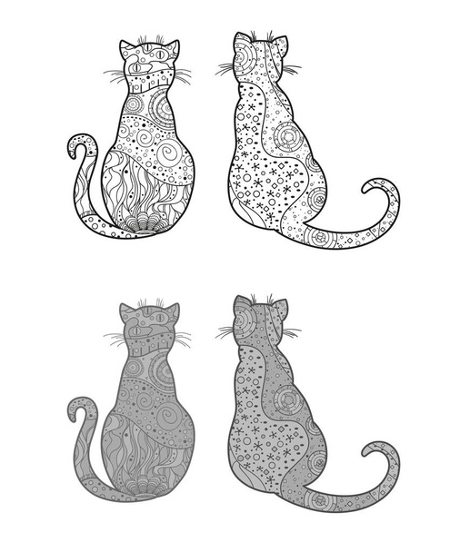 Koty. Zentangle. Ręcznie rysowane zwierzęta zen z abstrakcyjnymi wzorami na odosobnionym tle. Różne kolory. Czarno-białe ilustracje - Wektor, obraz