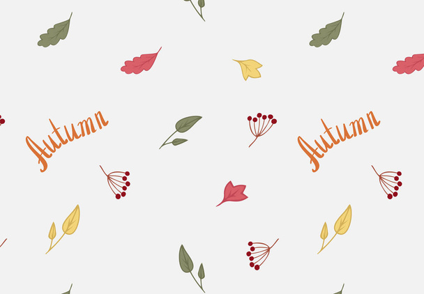 Jesień prosty bezszwowy wzór z liśćmi, jagodami i tekstem Jesień. Śliczny wzór na tekstylia, tła wykonane w wektorze. - Wektor, obraz