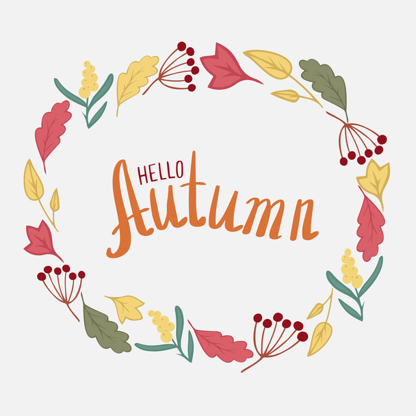 Hand written lettering Autumn with autumn leaves and berries. Pattern for cards, invitations, textile made in vector. - Wektor, obraz