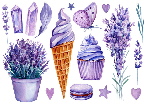 Makea setti, jäätelö, cupcake, laventeli kukka ja perhonen, akvarelli kuvitus - Valokuva, kuva