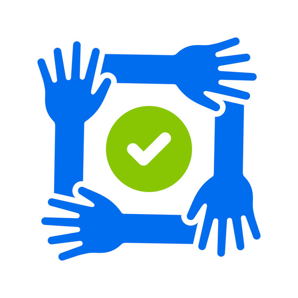 Čtyři ruce se navzájem podporují ikonou zaškrtávacího znaménka, koncept týmové práce, ikona vektorová ilustrace - Vektor, obrázek