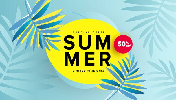 Bannière de vente d'été avec fond de feuilles tropicales pour l'offre saisonnière, site Web, dépliant et affiche - Vecteur, image