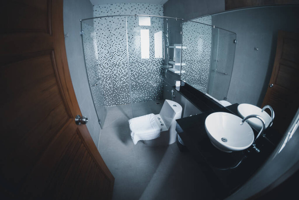 Modern bathroom at home take a photo with fisheye lens - Photo, Image