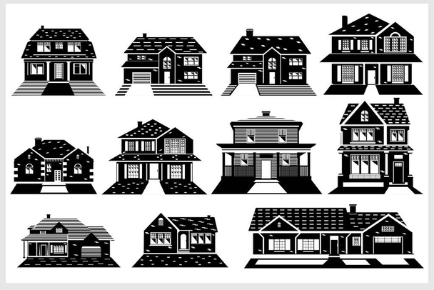   Un ensemble de maisons en noir et blanc. Silhouettes de maisons. Maisons américaines. - Vecteur, image