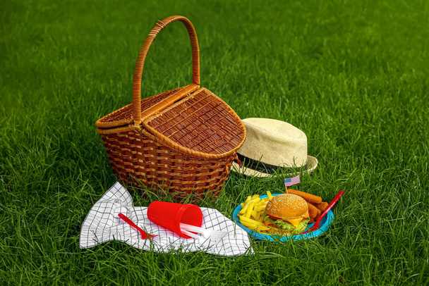 Traditional American food with picnic basket on grass in park - Photo, Image
