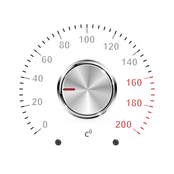 Regulador de temperatura vectorial sobre fondo blanco, cromo, metal. Interfaz de control de temperatura del electrodoméstico - Vector, imagen