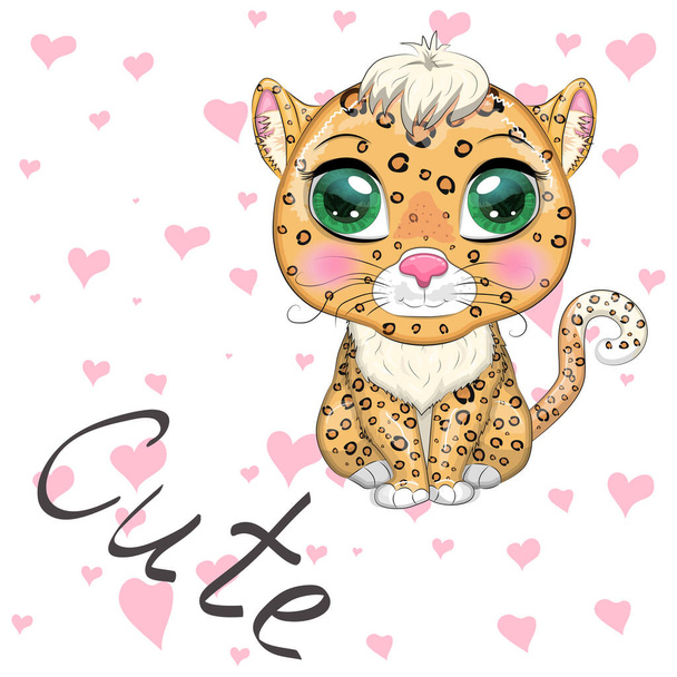 Leopard with beautiful eyes in cartoon style, colorful illustration for children. Leopard cat with characteristic spots and color - Vector, Imagen
