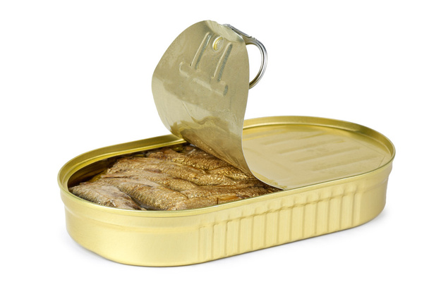 Opened tin can with conserved in oil sprat fish - Photo, Image