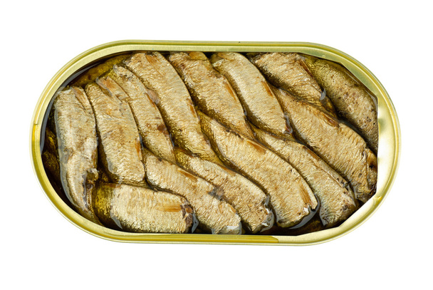 Opened tin can with conserved in oil sprat fish isolated on the white background. View from above - Photo, Image
