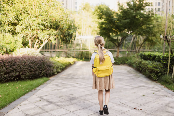Schoolgirl back to school after summer vacations. Pupil in uniform smiling early morning outdoor.  - Fotografie, Obrázek