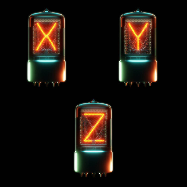 3d renderöinti kylmäkatodi putki aakkoset - kirjaimet X-Z - Valokuva, kuva