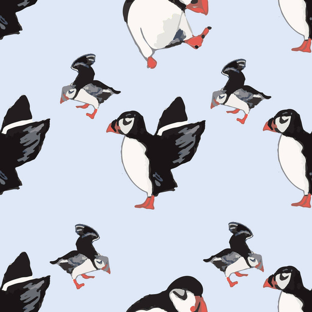 Vector blue background ocean seabird, arctic birds, puffins. Seamless pattern background - Vector, afbeelding