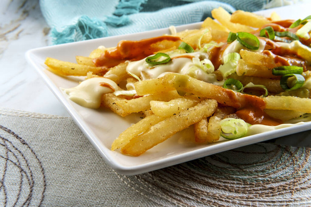 Loaded pepper jack cheese fries with chipotle sauce and scallions - Foto, Bild