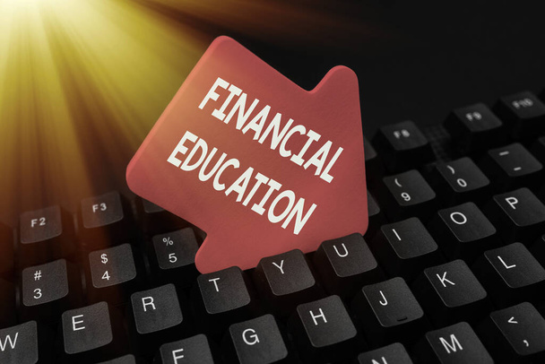 Podpis tekstowy przedstawiający edukację finansową. Przegląd biznesu edukacja i zrozumienie różnych obszarów finansowych Wprowadzanie ważnych informacji Online, Wpisywanie Zabawny Internet Blog - Zdjęcie, obraz