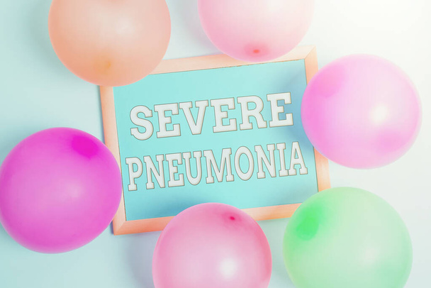 Text showing inspiration Severe Pneumonia. Word Written on acute disease that is marked by inflammation of lung tissue Colorful Party Invitation Designs Bright Celebration Planning Ideas - Photo, Image