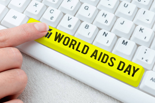 Käsitteellinen näyttö Maailman aids-päivä. Käsite, joka tarkoittaa kansainvälistä päivää tietoisuuden lisäämiseksi aids-pandemian tyypitysoppikirjasta Cooking Lesson Guide, Retyping New Online Guidelines - Valokuva, kuva