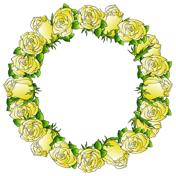 illustration vectorielle, fond floral, couronne de roses dans un doux dessin jaune, pour fond, cartes, invitations - Vecteur, image