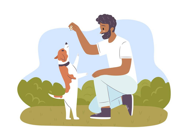 Boldog ember kutyával a parkban. Kutya trükköket. A fickó a szabadban edzi a háziállatát. Kézzel rajzolt vektorlapos illusztráció. - Vektor, kép
