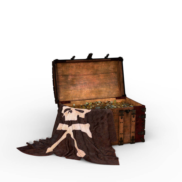 Hölzerne Piraten-Schatztruhe mit Jolly-Roger-Fahne drapiert an der Seite. 3D-Illustration isoliert auf weißem Hintergrund. - Foto, Bild
