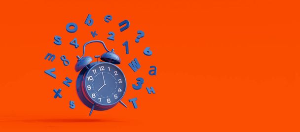 Back To School Concept. Alarm clock with flying numbers and letters on orange background. 3d render 3d illustration - Valokuva, kuva
