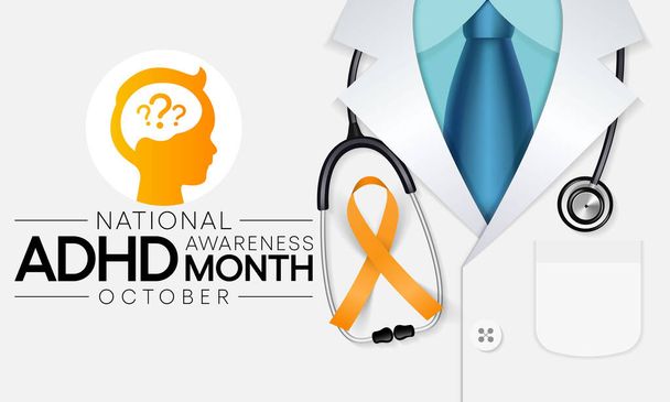 Kansallinen ADHD-tietoisuuskuukausi havaitaan joka vuosi lokakuussa, se on yleisin lapsuuden hermoston kehityshäiriö, joka yleensä diagnosoidaan ensin lapsuudessa ja kestää usein aikuisuuteen.. - Vektori, kuva