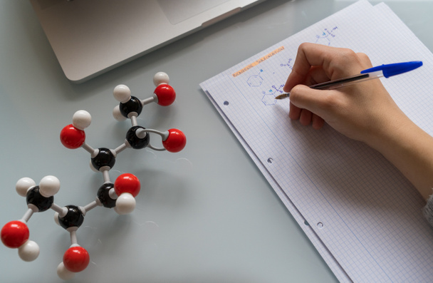 Mujer estudiando química con un modelo molecular de fructosa - Foto, Imagen